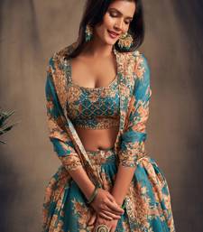 Teal Blue and Orange Organza Floral and Sequin Embroidered Lehenga Choli for Women