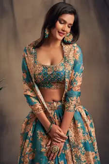 teal blue and orange organza floral and sequin embroidered lehenga set choli with dupatta for women