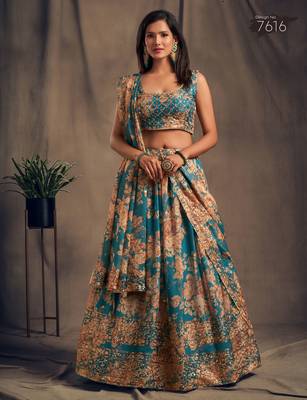 teal blue and orange organza floral and sequin embroidered lehenga set choli with dupatta for women 4