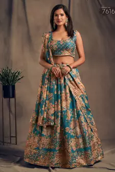 teal blue and orange organza floral and sequin embroidered lehenga set choli with dupatta for women