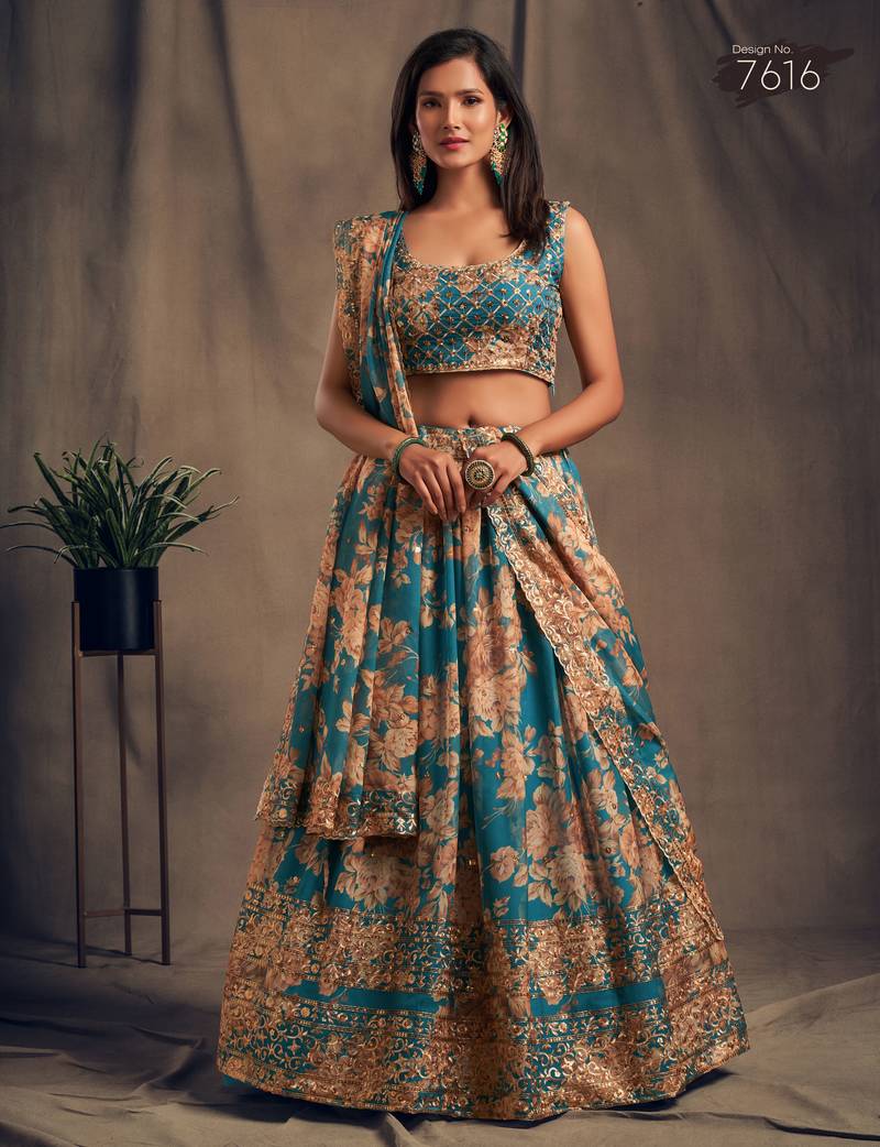 Teal Blue and Orange Organza Floral and Sequin Embroidered Lehenga Choli for Women