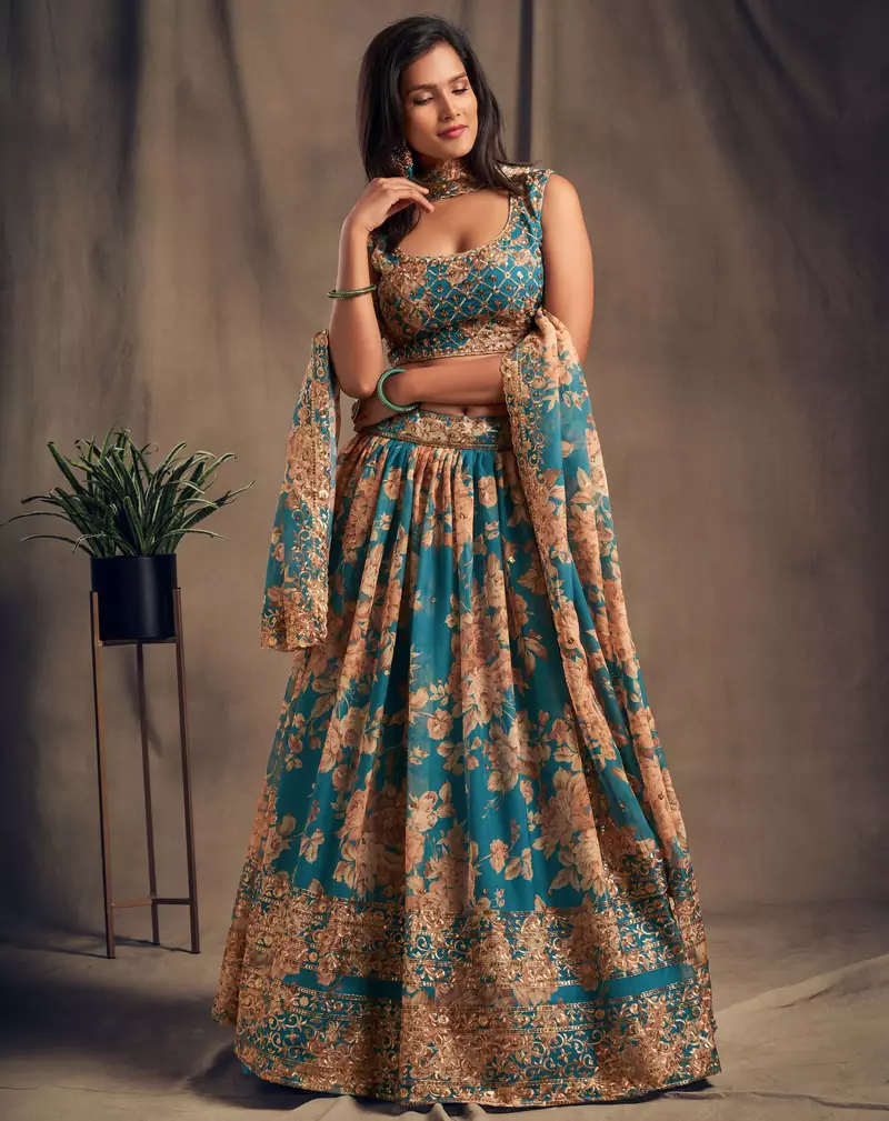 Stunning Teal Blue Organza Zari and Sequins Work Floral Wedding Lehenga Choli for Women