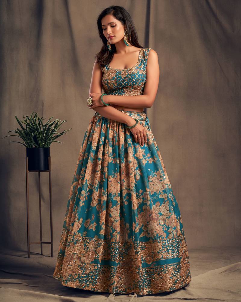 Teal Blue and Orange Organza Floral and Sequin Embroidered Lehenga Choli for Women