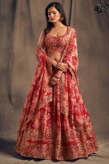 red and beige organza lehenga set choli with dupatta with sequin embroidery