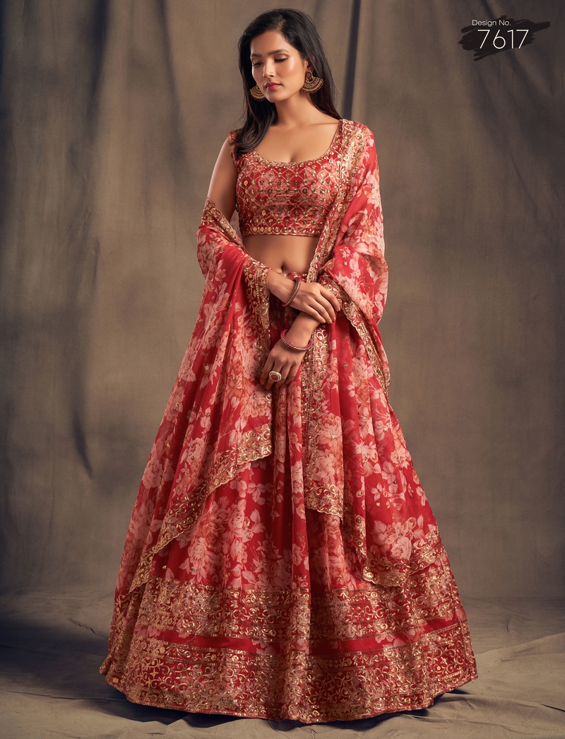 Red and Beige Organza Lehenga Choli with Sequin Embroidery