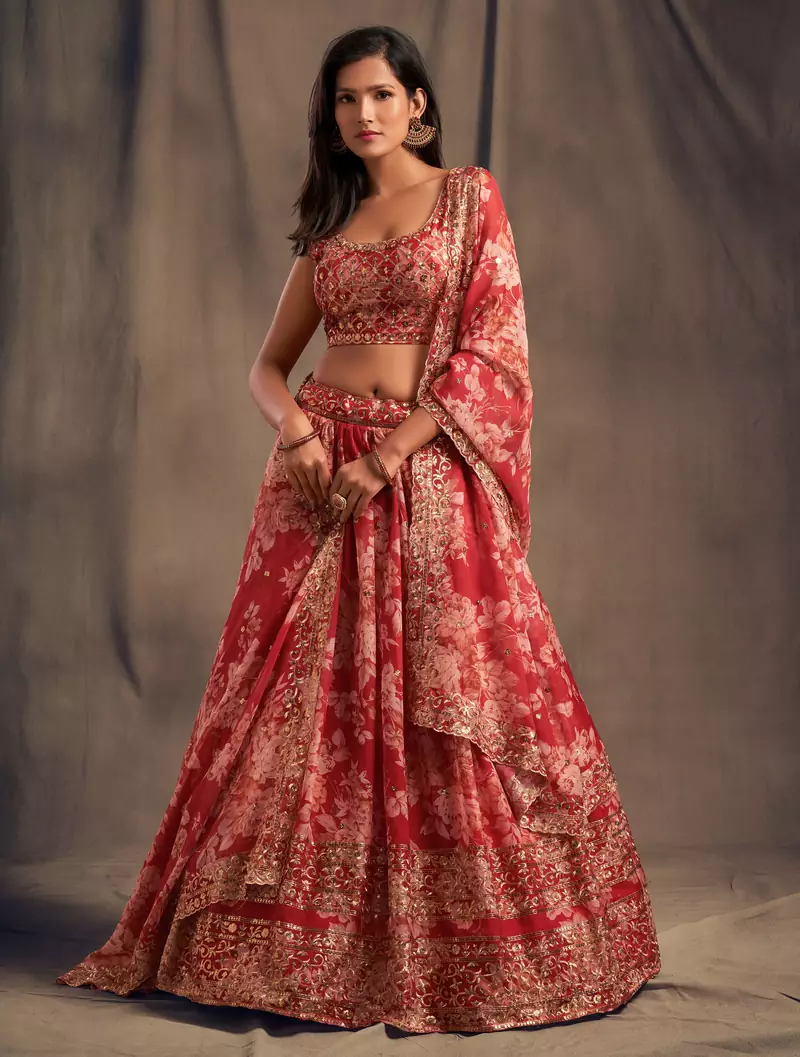 Stunning Red Organza Zari and Sequins Work Floral Wedding Lehenga Choli for Women