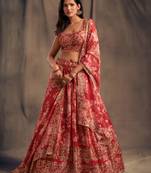 Red and Beige Organza Lehenga Choli with Sequin Embroidery