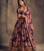 Purple and Orange Organza Floral Printed Lehenga Choli