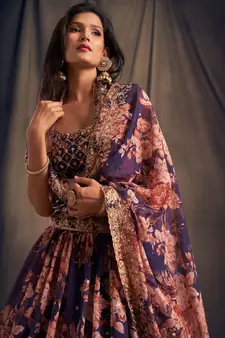 Purple and Orange Organza Floral Printed Lehenga Choli