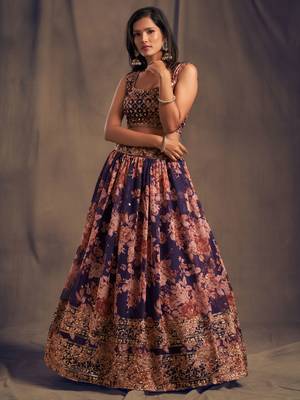 Purple and Orange Organza Floral Printed Lehenga Choli 5