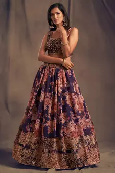 Purple and Orange Organza Floral Printed Lehenga Choli