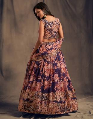 Purple and Orange Organza Floral Printed Lehenga Choli 6