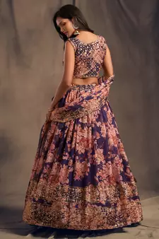 Purple and Orange Organza Floral Printed Lehenga Choli