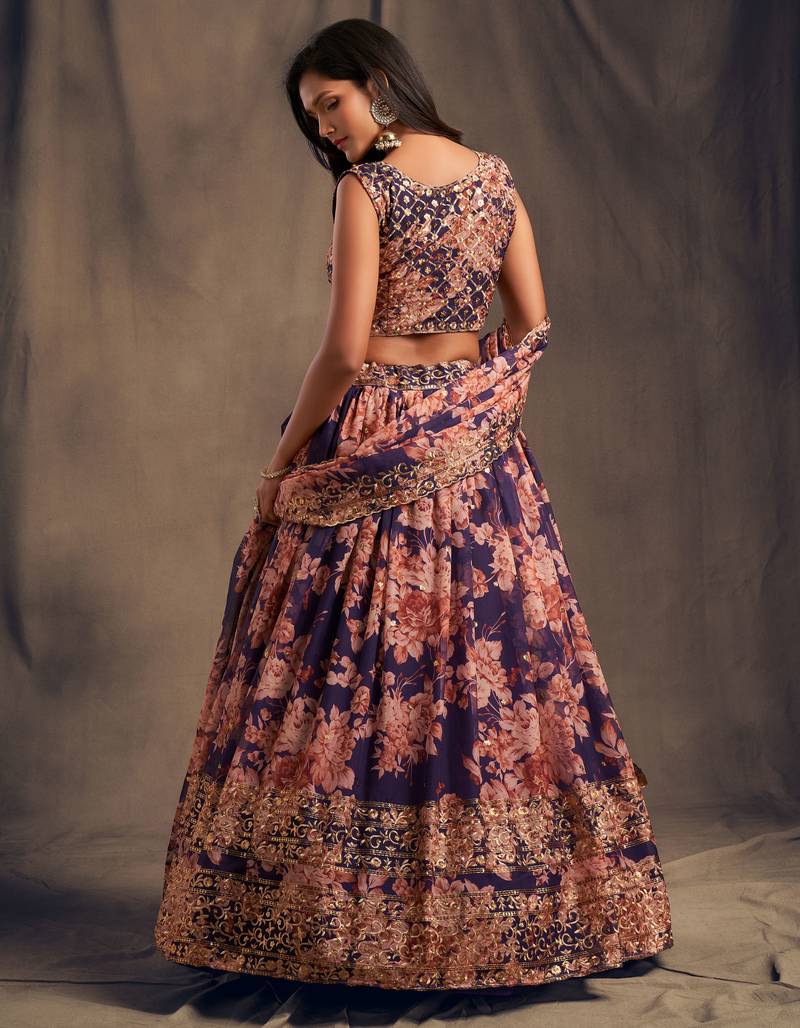 Purple and Orange Organza Floral Printed Lehenga Choli