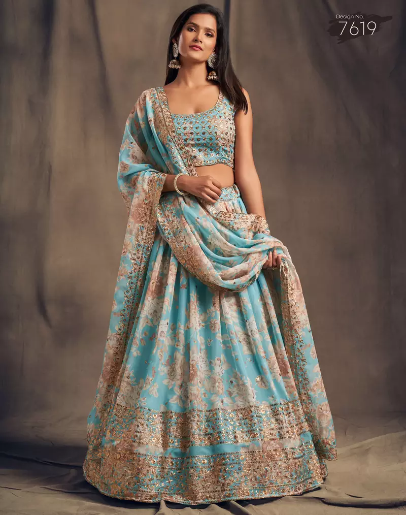 Stunning Sky Blue Organza Zari and Sequins Work Floral Wedding Lehenga Choli for Women