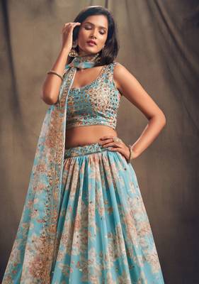 sky blue organza sequin embroidered lehenga set choli with dupatta 4