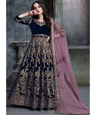 Veega Fashion Velvet Resham Embroidered Midnight Blue Anarkali Suit 1