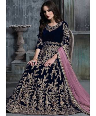 Veega Fashion Velvet Resham Embroidered Midnight Blue Anarkali Suit 2