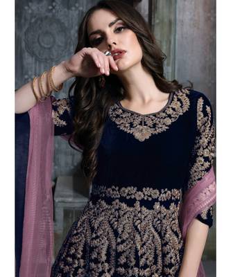 Veega Fashion Velvet Resham Embroidered Midnight Blue Anarkali Suit 3