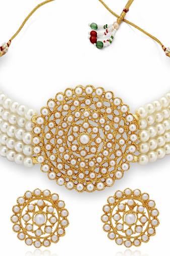 White Glass Kach Pearl Choker Jewellery Set