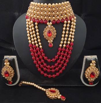 Golden Kach Kundan Red Pearl Choker Style Long Jewellery Set 1