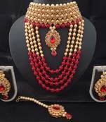 Golden Kach Kundan Red Pearl Choker Style Long Jewellery Set