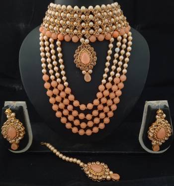Golden Kach Kundan Peech Pearl Choker Style Long Jewellery Set 1