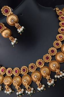 Rajwadi Plated Pink Ruby CZ Real Jewellery Copy Jewellery Set