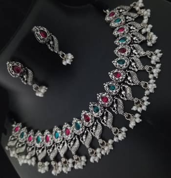 Pink Green Peacock Style Oxidized Jewellery Set 1
