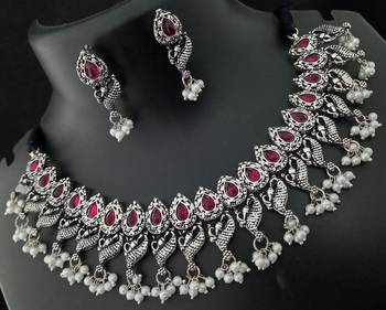 Pink Kmepo Ruby Peacock Style Oxidized Jewellery Set 1