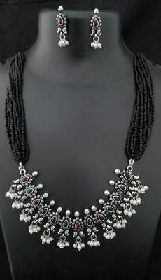 Pink Green Kempo Black Kediya Moti Style Long Necklace Set 1