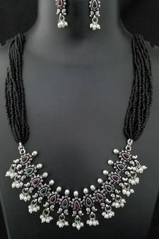 Pink Green Kempo Black Kediya Moti Style Long Necklace Set