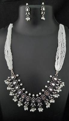 Mirror Style White Kediya Moti Style Long Necklace Set 1