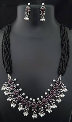 Pink Kempo Black Kediya Moti Style Long Necklace Set 1