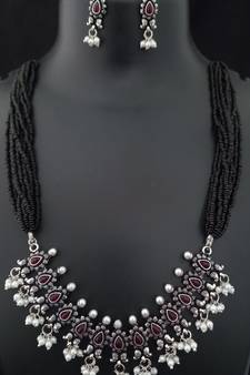 Pink Kempo Black Kediya Moti Style Long Necklace Set