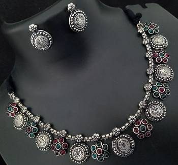 Pink Green Kempo Lakshmi Goddess Coin Style Premium Quality Oxidized Jewellery set 1