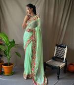 Light Green Embroidered Faux Georgette Saree With Blouse
