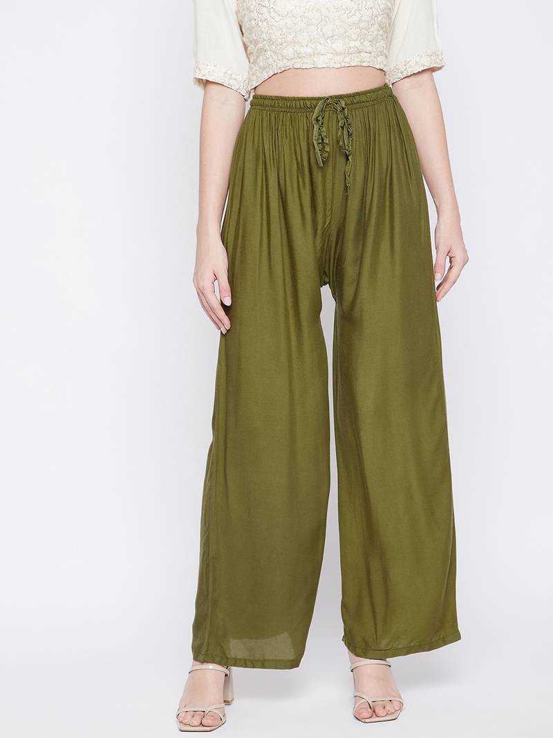 Olive plain rayon palazzo-pants
