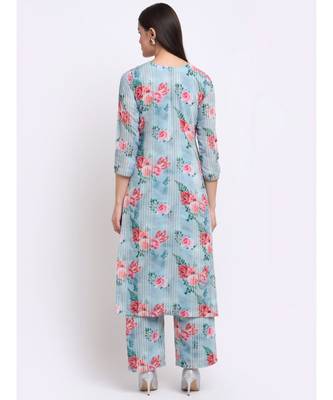 Sea Green Floral Sequined Lines Kurti with Palazzo 2