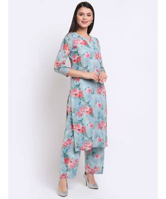 Sea Green Floral Sequined Lines Kurti with Palazzo 3