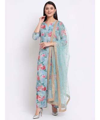 Sea Green Floral Sequined Lines Kurti with Palazzo and Sequin Dupatta 1