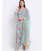 Sea Green Floral Sequined Lines Kurti with Palazzo and Sequin Dupatta