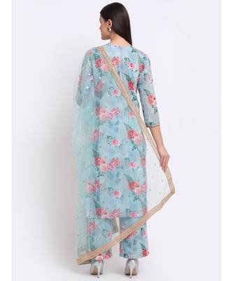 Sea Green Floral Sequined Lines Kurti with Palazzo and Sequin Dupatta 2