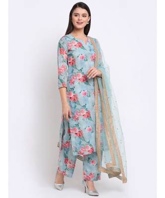Sea Green Floral Sequined Lines Kurti with Palazzo and Sequin Dupatta 3