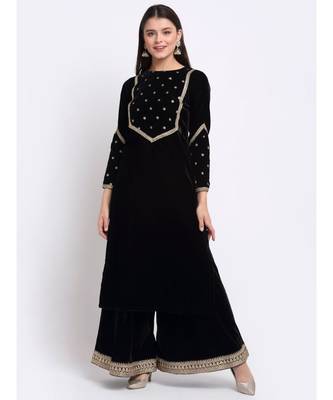 Magical Black Embroidered Velvet Kurti with Flared Palazzo 1