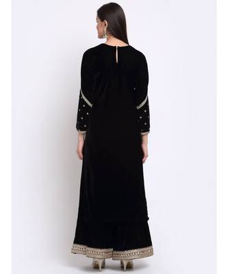 Magical Black Embroidered Velvet Kurti with Flared Palazzo 2