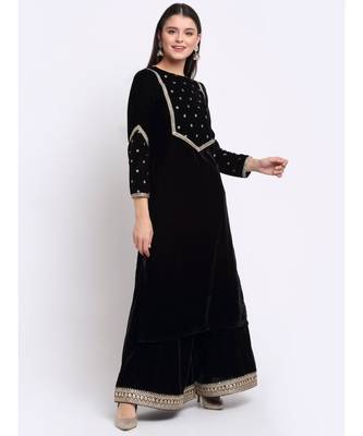 Magical Black Embroidered Velvet Kurti with Flared Palazzo 3