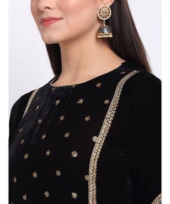 Magical Black Embroidered Velvet Kurti with Flared Palazzo 4