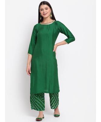 Gorgeous Green Straight Kurti with Bandhani Palazzo 1