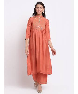 Tangerine Sequin Yoke A-Line Kurti with Straight Pants 1